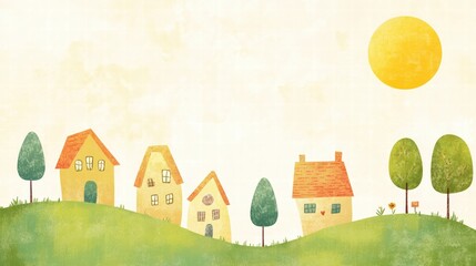 Aufkleber - Naive art style landscape featuring colorful houses and bright sun in a peaceful setting. Generative AI