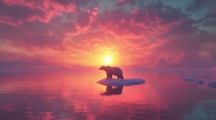 Aufkleber - Lonely polar bear stands on melting ice floe during a vibrant sunset over the Arctic Ocean, creating a serene and haunting atmosphere. Generative AI