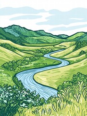 Aufkleber - Beautiful naive art style landscape featuring rolling hills and a winding river with ample copy space for text. Generative AI