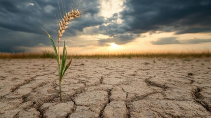 Poster - Barren field with a solitary wheat stalk under a dramatic sky at sunset. Generative AI