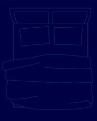 Poster - Bed with a blue sheet and pillows. The bed is shown in a blue contour