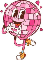 Wall Mural - Cartoon groovy Valentine disco ball character showing heart gesture, exuding love vibe. Isolated vector funky personage with trendy hippie sneakers and cheerful expression ready for retro dance party