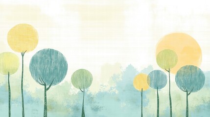 Aufkleber - Naive art style illustration featuring whimsical trees and soft colors for text display and creative projects. Generative AI