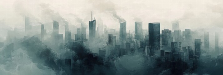 Poster - Dense smog blankets urban skyline casting ominous ambiance over city landscape. Generative AI