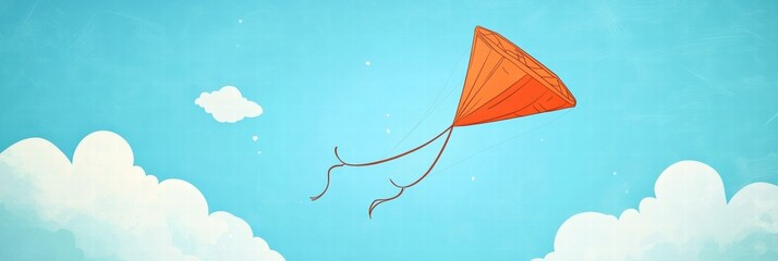 Aufkleber - Playful orange kite soaring in a bright blue sky with fluffy clouds and ample space for creative text placement. Generative AI