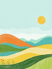 Poster - Naive art style landscape with vibrant colors and clear space for text in a sunny setting. Generative AI