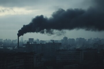 Poster - Industrial chimneys release thick black smoke into a gloomy overcast sky above a city skyline. Generative AI
