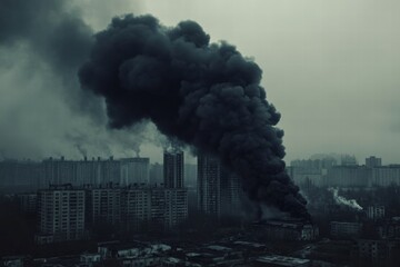 Aufkleber - Industrial chimneys release thick black smoke into a gray sky over urban landscape during overcast conditions. Generative AI