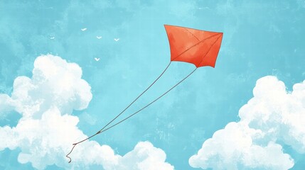 Poster - Colorful kite soaring in a bright sky filled with fluffy clouds and gentle birds during a sunny day. Generative AI