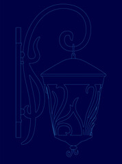 Poster - Blue drawing of a lamp with a blue background. The lamp is designed with a lot of detail and looks very intricate