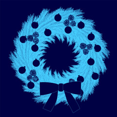 Poster - Blue wreath with a bow and many small balls on it. The wreath is made of pine needles and the balls are made of glass. The wreath is hanging on a blue background