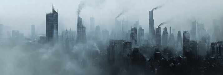 Poster - Dense smog blankets urban skyline amidst towering buildings and rising smoke during hazy daylight. Generative AI