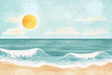 Leinwandbilder - Cheerful naive art style ocean background with sun, waves, and space for text or mock up design. Generative AI