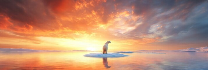 Aufkleber - Lonely polar bear on a small melting ice floe during a breathtaking sunset over the Arctic Ocean. Generative AI