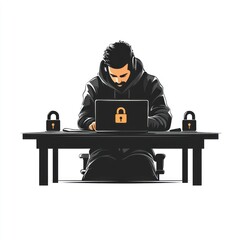 Poster - Hacker working on laptop with padlocks.