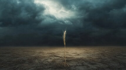 Poster - Barren field with a single stalk of withered wheat under dramatic stormy sky. Generative AI