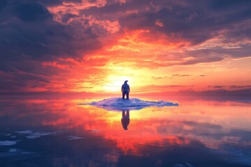 Aufkleber - Lonely polar bear on a melting ice floe during a stunning sunset in the Arctic landscape. Generative AI