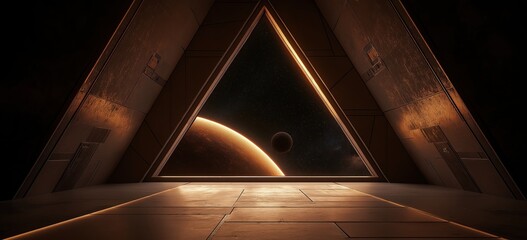 Futuristic Spaceship Interior with Triangular Window View of Planet