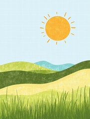 Poster - Naive art style sunlit landscape with rolling hills and bright sky offering ample space for text placement. Generative AI