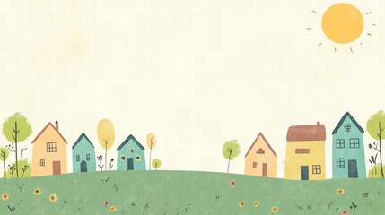 Poster - Bright naive art style landscape with small houses and sun against a plain background for creative text placement. Generative AI