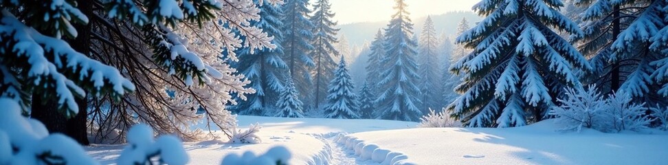 Sticker - Frozen forest with snowflakes settling on trees, nature, serene