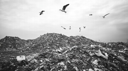 Poster - Seagulls soar over a vast landfill landscape with space for text and message insertion. Generative AI