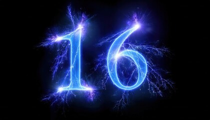 Poster - Illuminated Blue Number 16 with Electric Sparks