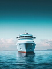 Poster - Luxury cruise ship sailing smoothly across calm waters under a clear sky, creating a serene experience for travelers. Generative AI