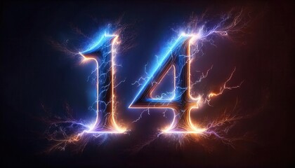 Poster - Electric Number 14 Illuminated with Vibrant Lightning Effects