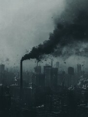 Poster - Industrial chimneys release thick black smoke into a gray overcast sky over a city skyline. Generative AI