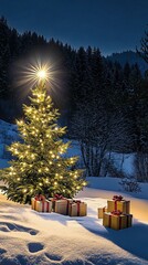 Wall Mural - Magical Christmas scene in snowy forest with illuminated pine tree decorated with warm glowing lights and wrapped presents scattered around on fresh snow at dusk