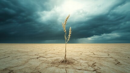 Poster - Withered wheat stalk stands alone in a dry barren field under cloudy sky. Generative AI