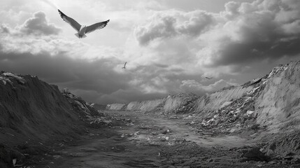 Poster - Seagulls soar above a vast landfill under a dramatic sky with ample space for text placement. Generative AI