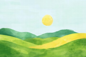 Aufkleber - Bright and cheerful naive art landscape with yellow sun and rolling green hills for creative mock up use. Generative AI
