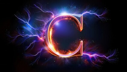 Poster - Glowing Letter C with Electric Blue Lightning Effects