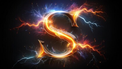 Poster - Electric Golden Letter 'S' Surrounded by Colorful Lightning