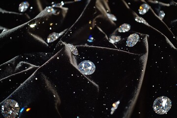 Leinwandbilder - Large sparkling diamonds on black fabric with ample space for text and mock up design use. Generative AI