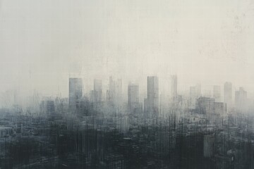 Poster - Dense smog blankets city skyline creating an eerie and obscured view of urban life during early morning hours. Generative AI