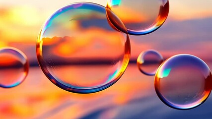 Poster - Colorful soap bubbles floating in a sunset sky, reflecting vibrant hues. Surreal beauty and nature concept