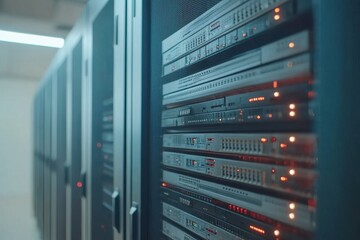 Poster - Close-up of server racks in a data center; lights illuminate network hardware. Illustrates data storage, processing, and network infrastructure.