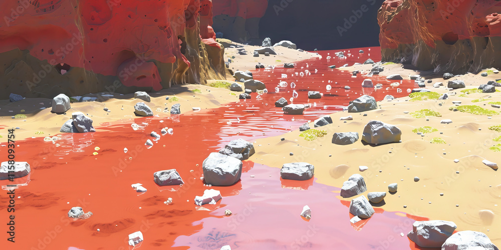 Red Stream Drawing Stylized Digital Image of Red Stream Between Sandbanks and Rock ...