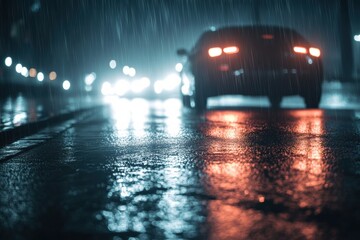 Poster - Bright streaks of car lights illuminate a rainy night road in an urban setting with room for text. Generative AI
