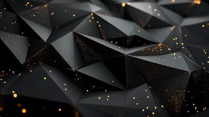 Fototapete - Abstract Black Gold Geometric Low Poly Background with Glimmering Particles, Luxury and Elegant Design, Modern Art, 3D Render