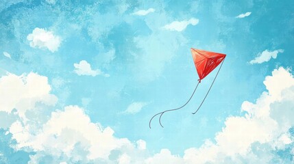 Poster - Red kite soaring in a bright blue sky with fluffy clouds creating a perfect backdrop for creativity. Generative AI