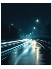 Aufkleber - Bright streaks of car lights on a wet night road with empty space for text. Generative AI