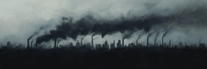 Poster - Industrial activity releases thick black smoke into a gray overcast sky creating a somber atmosphere. Generative AI