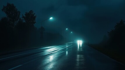 Poster - Bright streaks of car lights illuminate a wet night road surrounded by trees and foggy atmosphere for captivating views. Generative AI