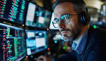 Poster - focused trader wearing headphones analyzing data on multiple screens in a modern trading environment