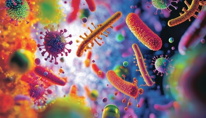 Poster - Vibrant and Colorful Illustration of Microorganisms in Abstract Design with Variety of Shapes and Colors