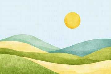 Aufkleber - Bright sunny landscape with green hills and yellow fields in naive art style inviting creativity and imagination. Generative AI
